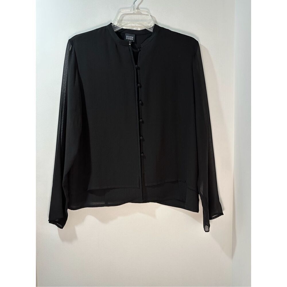 Eileen Fisher 100% silk women’s black long sheer sleeve blouse size S #31-1814